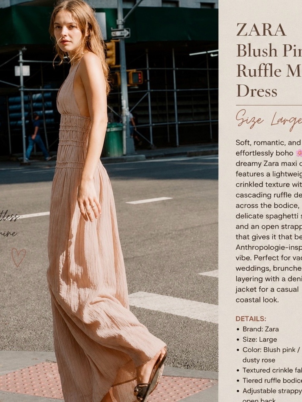 Zara Blush Crinkle Maxi Dress with Crossed Straps